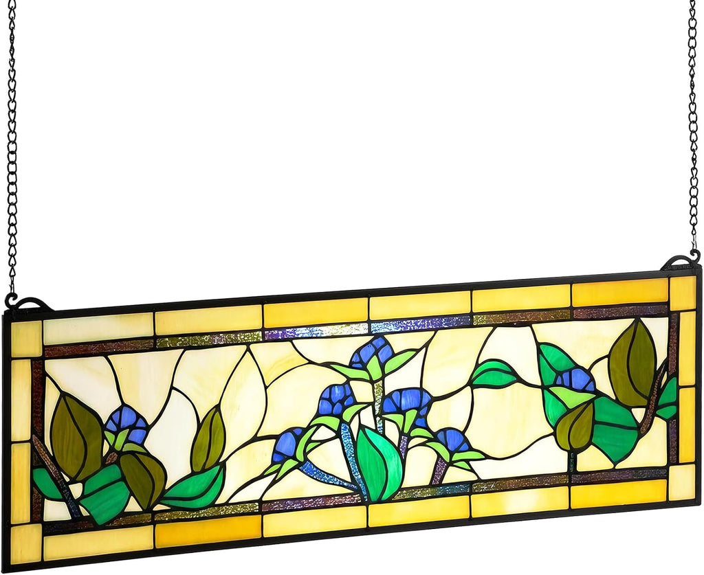 VEVOR Stained Glass Window Panel, 32.0' x 10.0' Tiffany Style Hanging Transom Window Panel with Chain, Large Horizontal Rectangle Stain Glass, Vintage Traditional Art Handcrafts for Kitchen Home Decor
