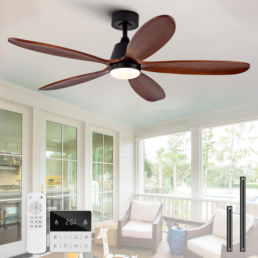 48 Inch Wood Ceiling Fans with Lights and Remote, Modern Outdoor Ceiling Fan with Light for Patio, Dimmable, 5 Blades, Wall Switch, Reversible DC Motor, Memory Function (Black Walnut)
