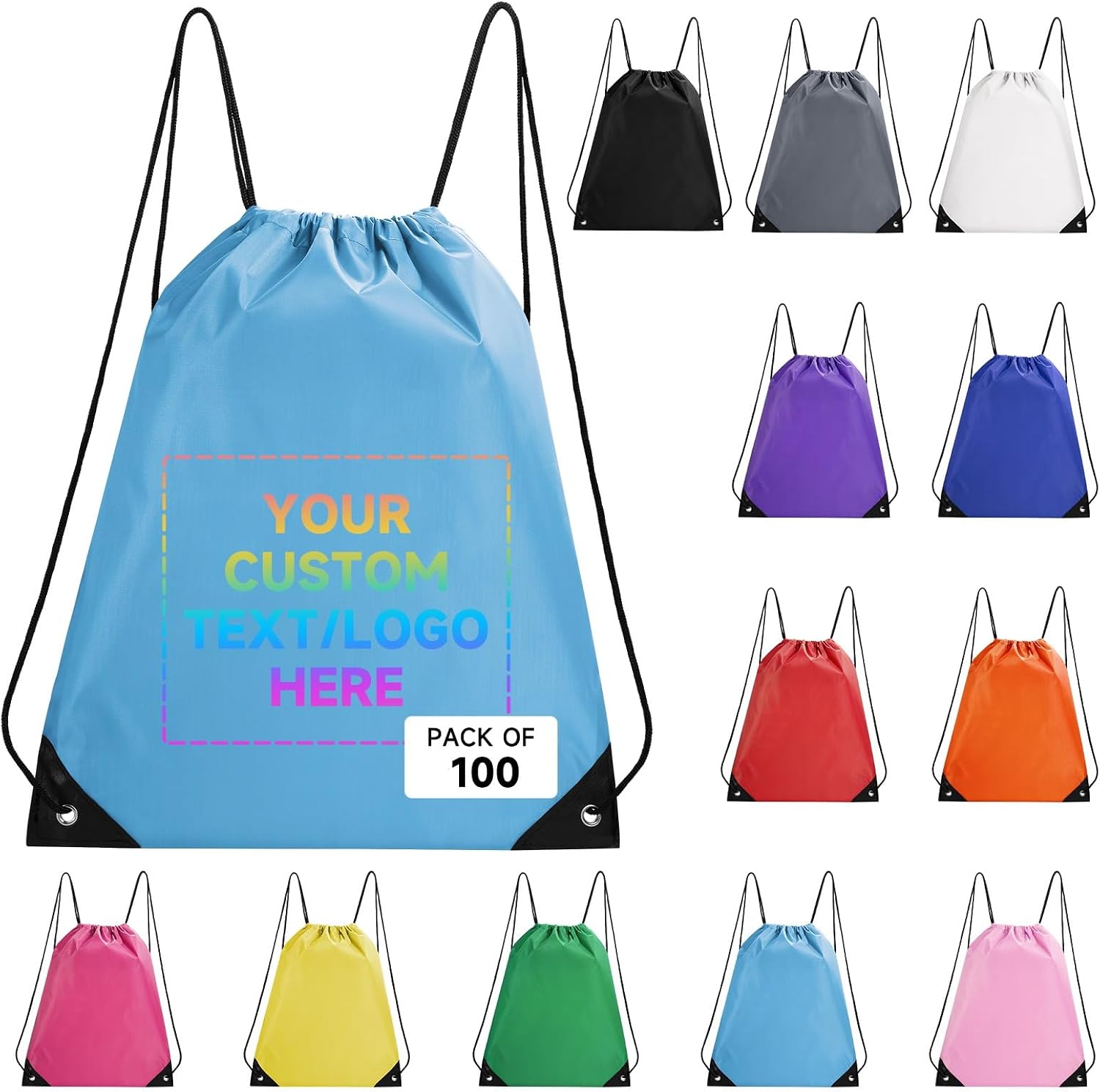 Custom Bags With Logo 100 Pack,Promotional Items Personalized Drawstring Backpack Bags Great for Gym and Everyday Use (Sky Blue)