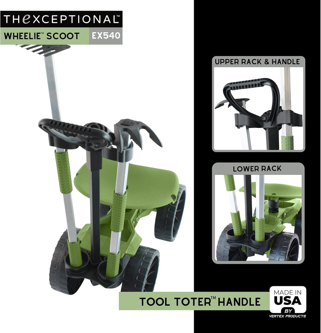TheXceptional Wheelie with Tool Toter Handle | American Made Rolling Scoot and Tool Rack | Garden Cart with Seat | Made in USA by Vertex | Model EX540