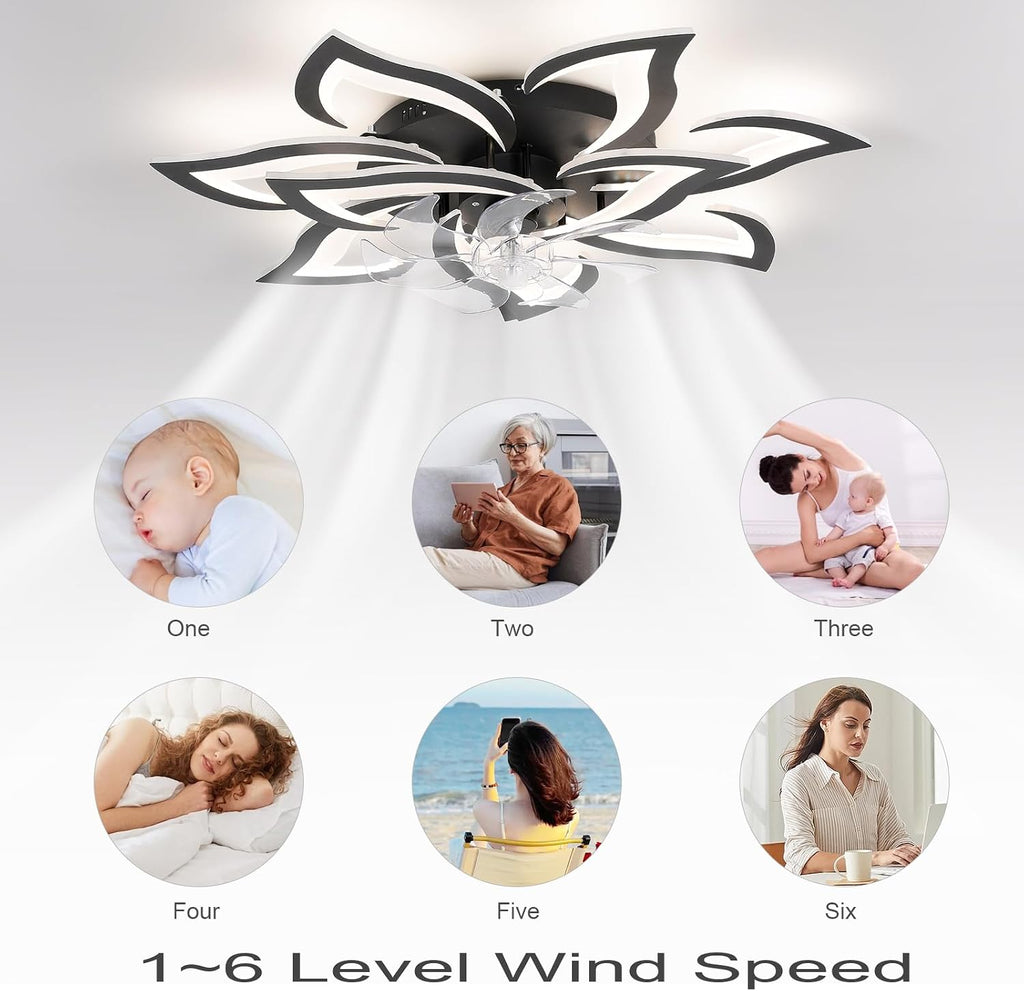 32' Black Flower Ceiling Fan with Lights Remote Control, Modern LED Low Profile Flush Mount Ceiling Fan with Light for Kitchen Bedroom Living Room
