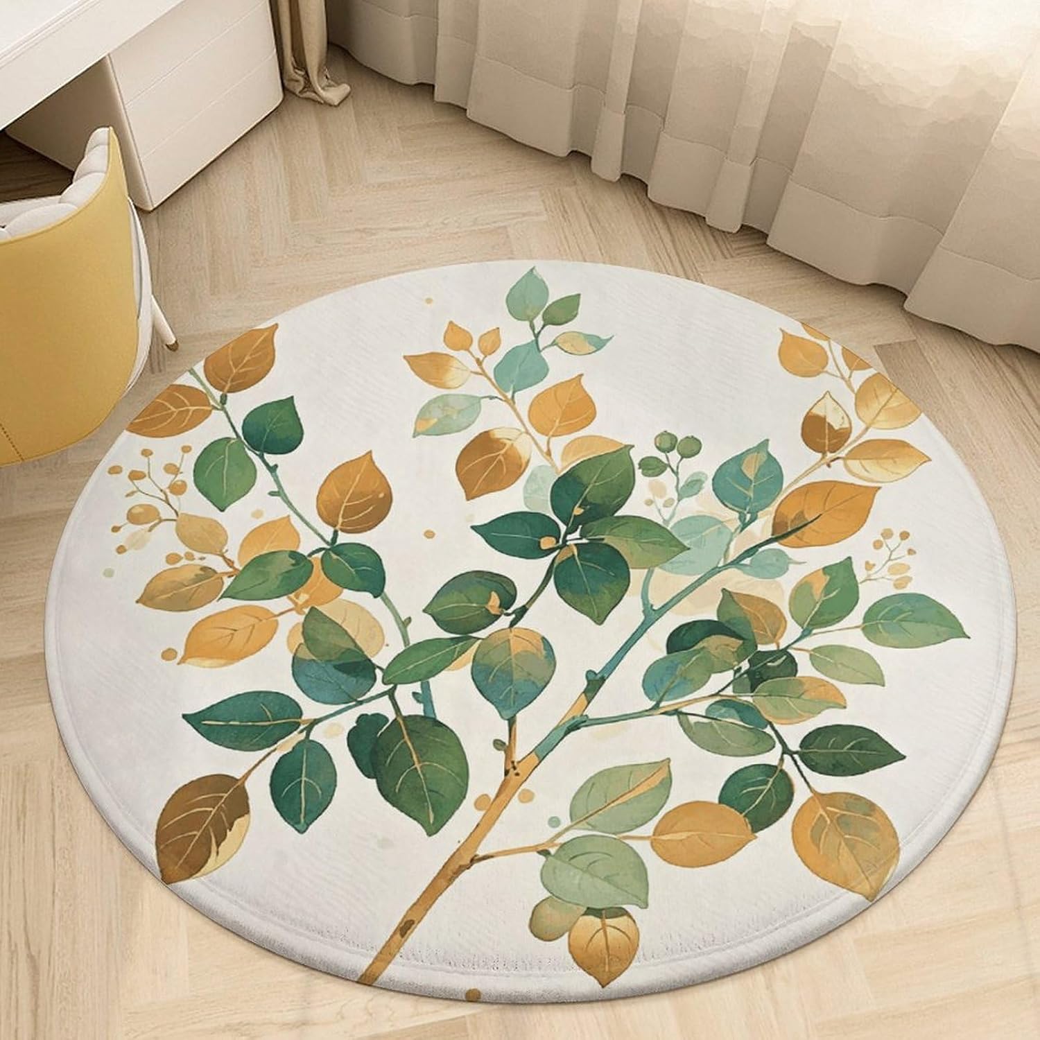 Watercolor Golden Green Plant Branches Coral Velvet Round Floor Mat Non-Slip Bath Rug Floor Covering for Bathroom Vanity Guest Suite & Vacation Home