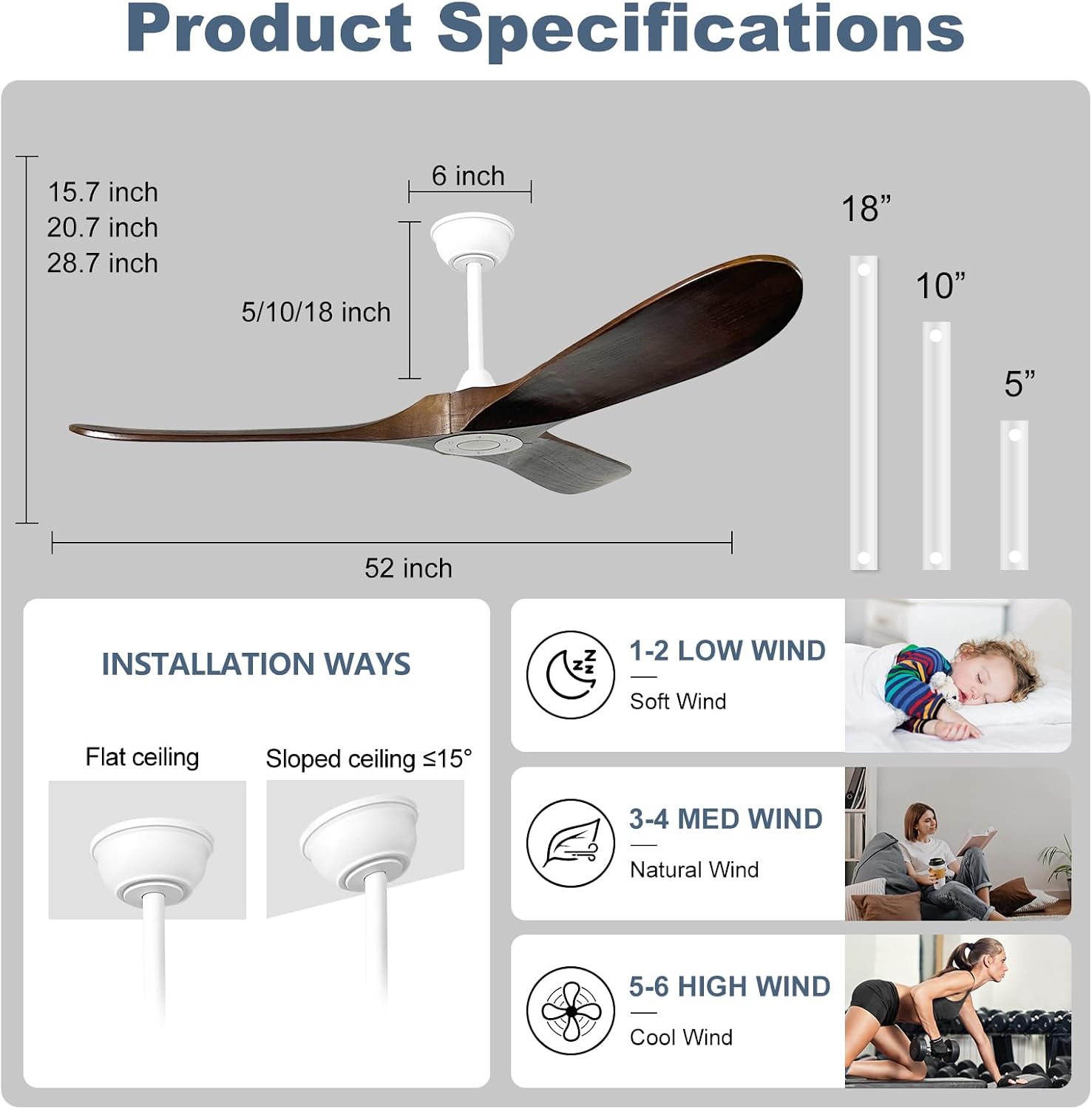 52'' Outdoor Ceiling Fan No Light,6 Speeds Adjustable with Large Airflow,Quiet Operation,Wood Propeller Ceiling Fan for Garage,Gazebo,Living Room,Bedroom(White+Dark Walnut)