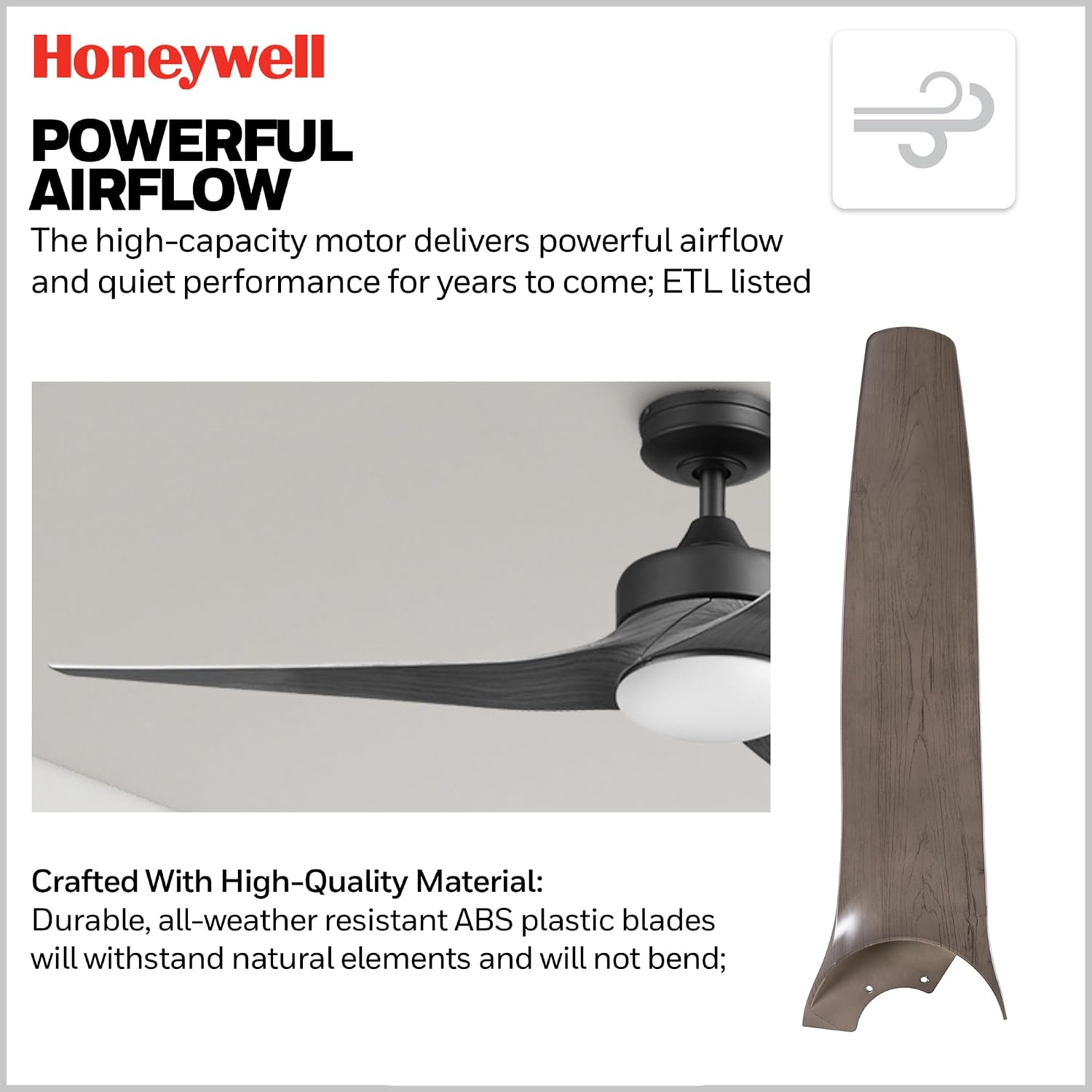 Honeywell Ceiling Fans Lynton, 52 Inch Indoor Outdoor Ceiling Fan with Color Changing LED Light, Remote Control, Charcoal Brown High Performance Blades, Reversible Airflow - 51853-01 (Black)