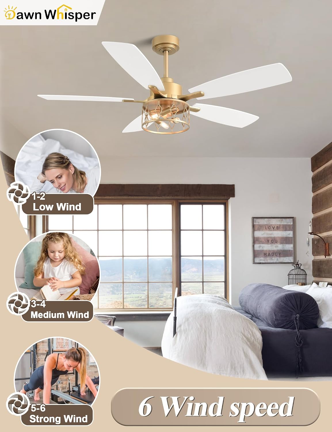 Dawn Whisper 52 Inch Modern Farmhouse Ceiling Fans with Lights White and Gold Industrial Rustic Caged Ceiling Fan for Bedroom Living Room Quiet and Reversible DC Motor