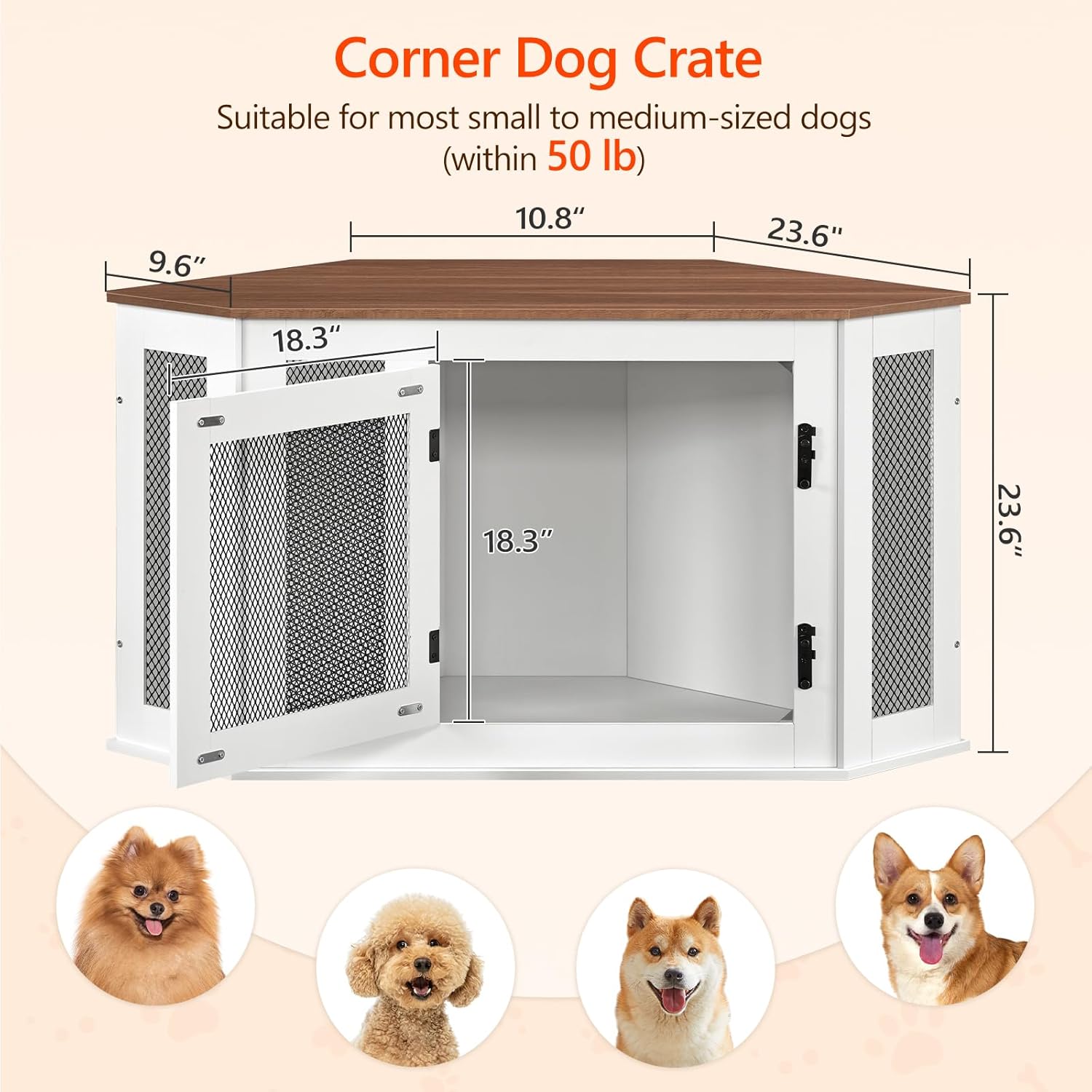 MAHANCRIS Corner Dog Crate Furniture, Wooden Dog Kennel End Table, Decorative Pet Crate Indoor Use, Furniture Style Dog House for Small Medium Dog, Dog Cage TV Stand, White and Walnut DCBA0801