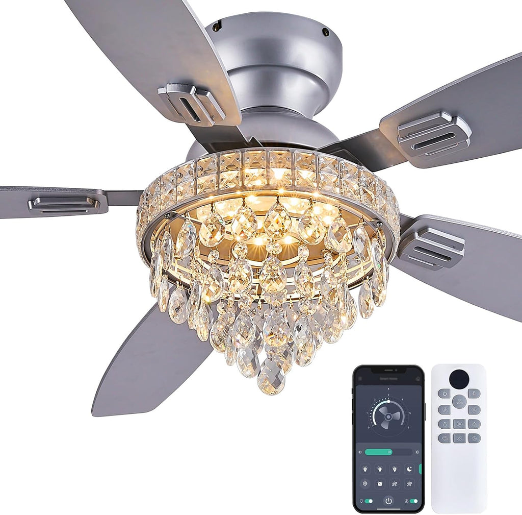 Crystal Ceiling Fan Fandelier with Lights-Ceiling Fans with Lights,54' Low Profile and Remote Control, Flush Mount, Reversible, Dimmable, Noiseless, Sliver Ceiling Fan for Bedroom
