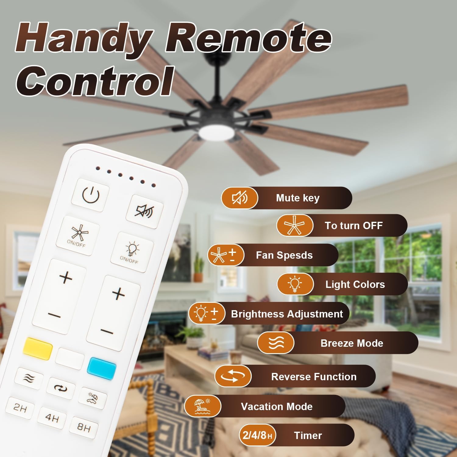 72 inch Large Ceiling Fans with Lights and Remote, Indoor/Outdoor Modern Ceiling Fan for Kitchen Living Room Patio, 6 Speed Reversible Quiet DC Motor, 3 CCT, Dual Finish 8 Blades