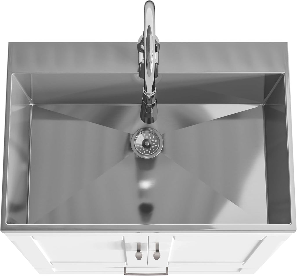 SIMPLIHOME Reed All-in-One 28 inch Wide Utility Sink and Laundry Cabinet in Pure White Finish, Transitional Stainless Steel Sink Cabinet for Laundry Rooms with High-Arch Chrome Faucet and Storage