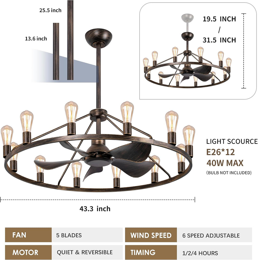 Miuyhji Farmhouse Ceiling Fan with Lights and Remote,Bronze Fandelier,Wagon Wheel Chandelier with Fan,44 Inch Rustic Fans for 20x25' Large Room