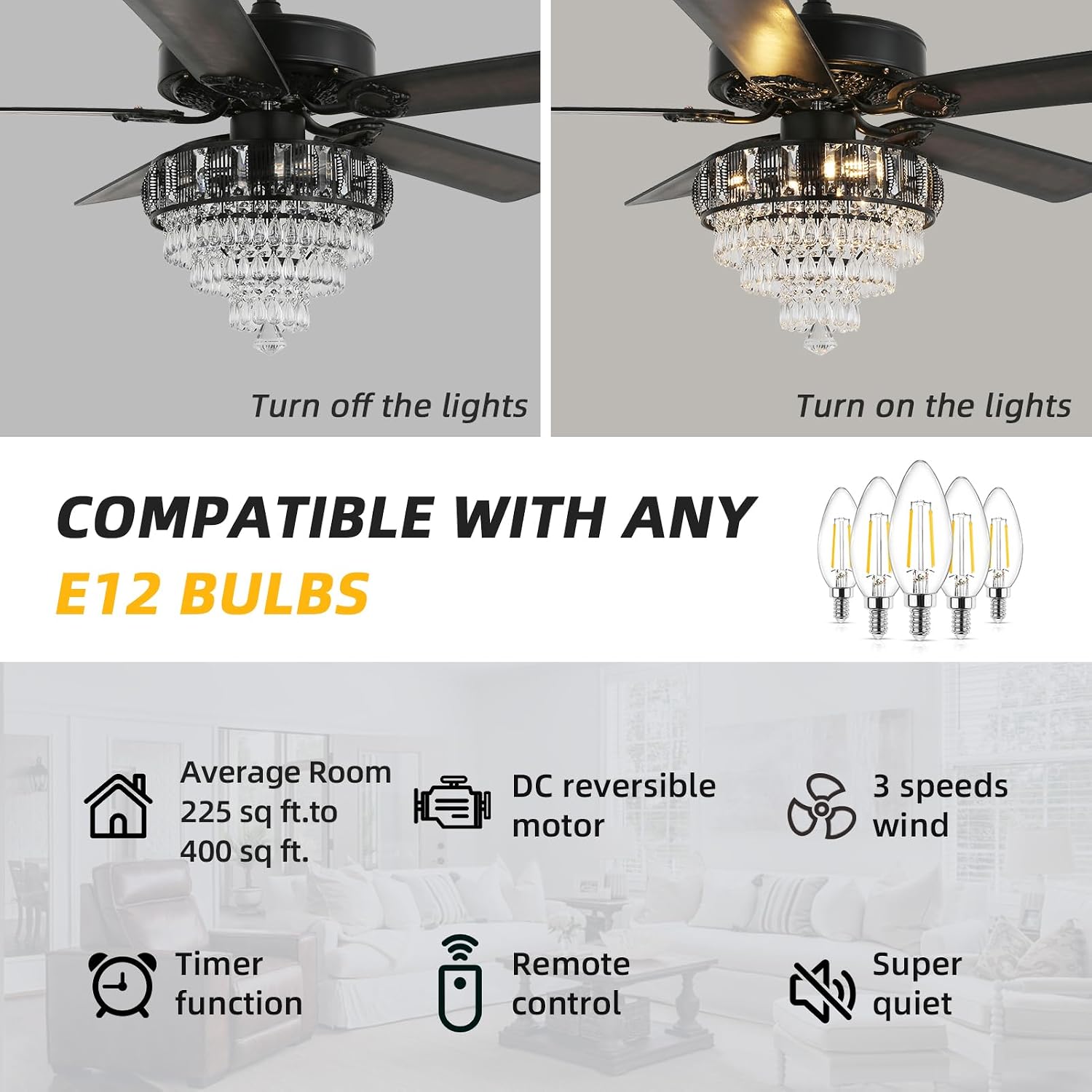 Modern Crystal Ceiling Fans with Lights and Remote Control, Farmhouse Retro Black Ceiling Fan Light, 52 Inch Fandelier Ceiling Fan for Living Room, Dining Room, Bedroom, Office