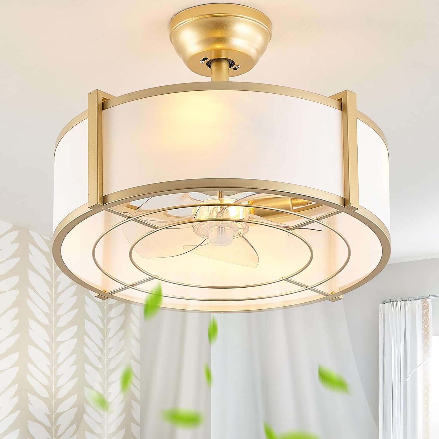 20' Gold Fandelier Ceiling Fans with Lights, Boho Rattan Ceiling Fan with Light Remote Control, Caged Mid-Century Modern with 6 Speeds for Bedroom, Nursery, Living Room