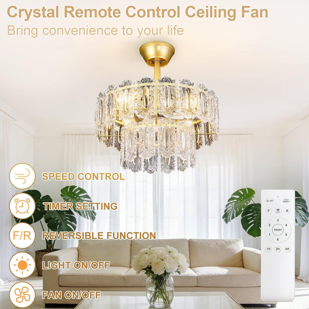Depuley Bedroom Ceiling Fan with Lights: 20' Gold Chandelier Small Fan with Remote Control - Modern Crystal Fandelier for Girl's Bedroom Living Room Nursery (E26 Bulbs Not Included)
