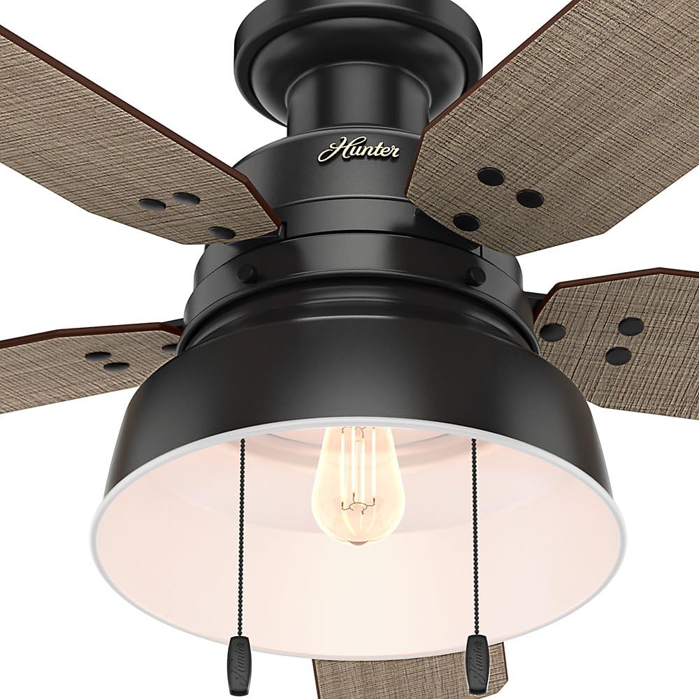 Hunter 52 inch Outdoor or Indoor Ceiling Fan with LED Light - Rustic Ceiling Fan with Pull Chain, For Bedroom, Living Room, or Patio, Low Profile Mount, No Remote - Mill Valley 59310, Matte Black