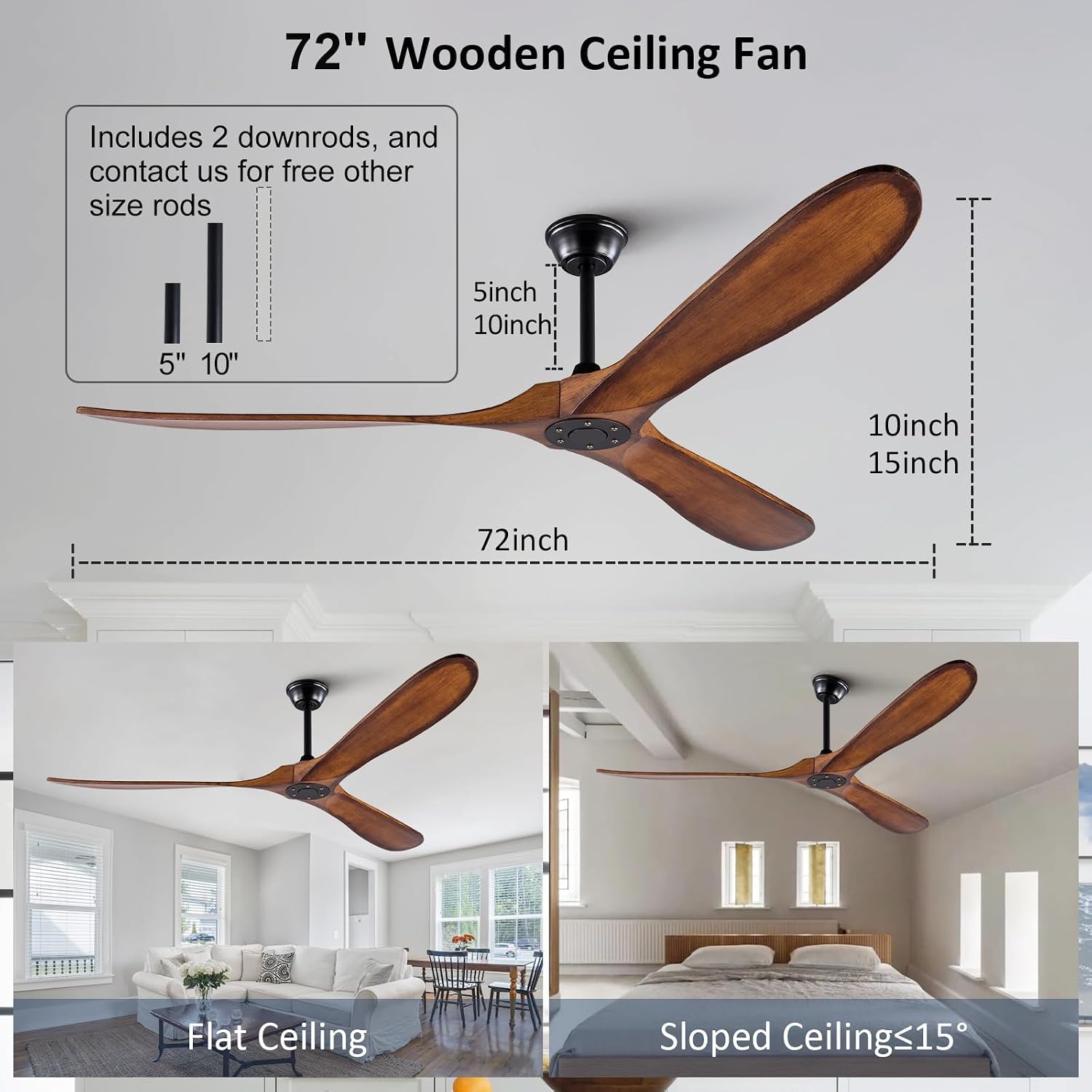 KBZZ 72 inch Outdoor Ceiling Fan without Light, Ceiling fans with 3 Solid Wood Blades and Remote Control, Modern Ceiling Fans no Lights for Patios Living Room Farmhouse