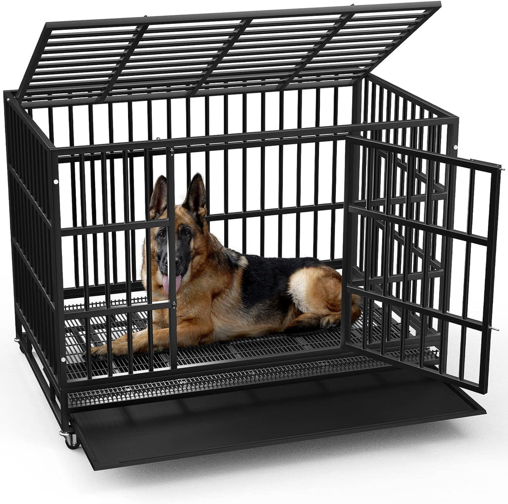 LEMBERI 42 Inch Heavy Duty Indestructible Dog Crate, High Capacity Escape Proof Double Door Kennel with Lockable Wheels, 35' Tall Medium Dog Cage with 0.8' Steel Tubes, Removable Tray, Black