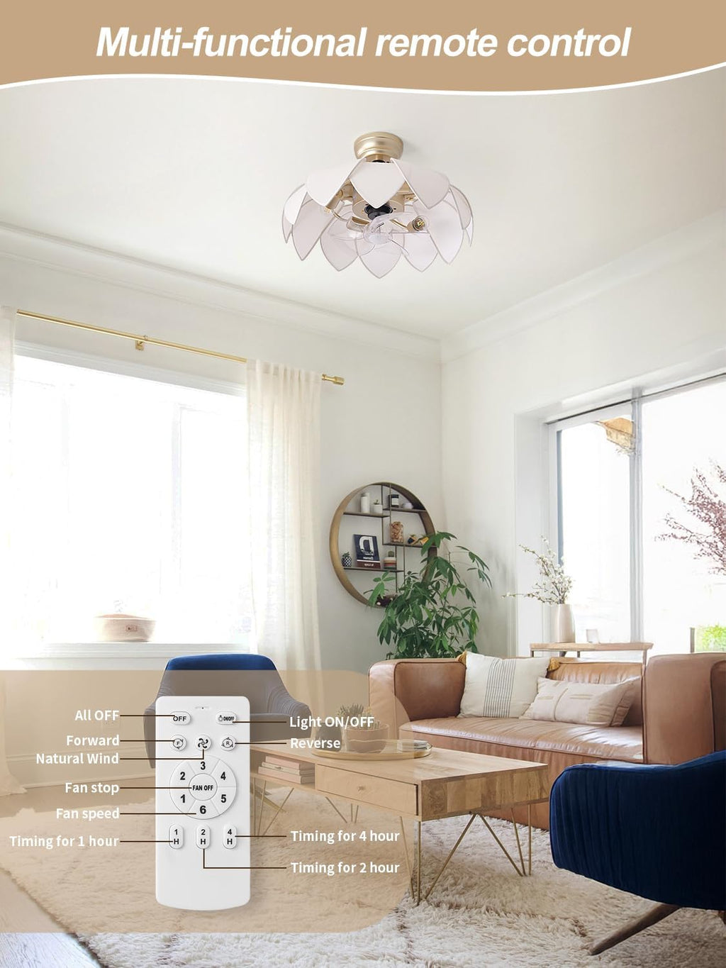 ainqiant 20' Gold Fandelier Ceiling Fans with Lights,Flower Chandelier Ceiling Fan with Light and Remote Control, Boho Fandelier with 6 Speeds for Bedroom, Nursery, Living Room