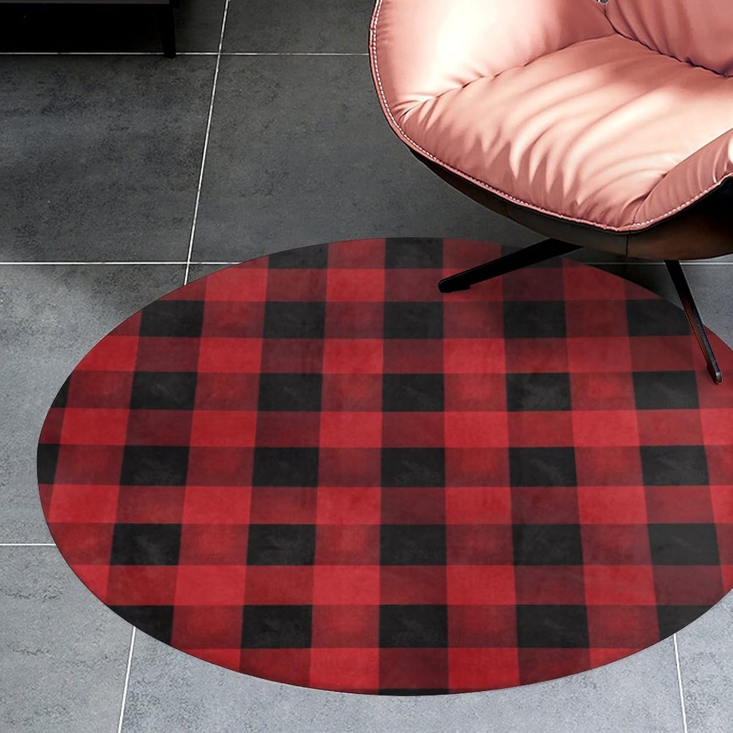 Red Black Buffalo Check Plaid Pattern Coral Velvet Round Floor Mat Non-Slip Bath Rug Floor Covering for Bathroom Vanity Guest Suite & Vacation Home
