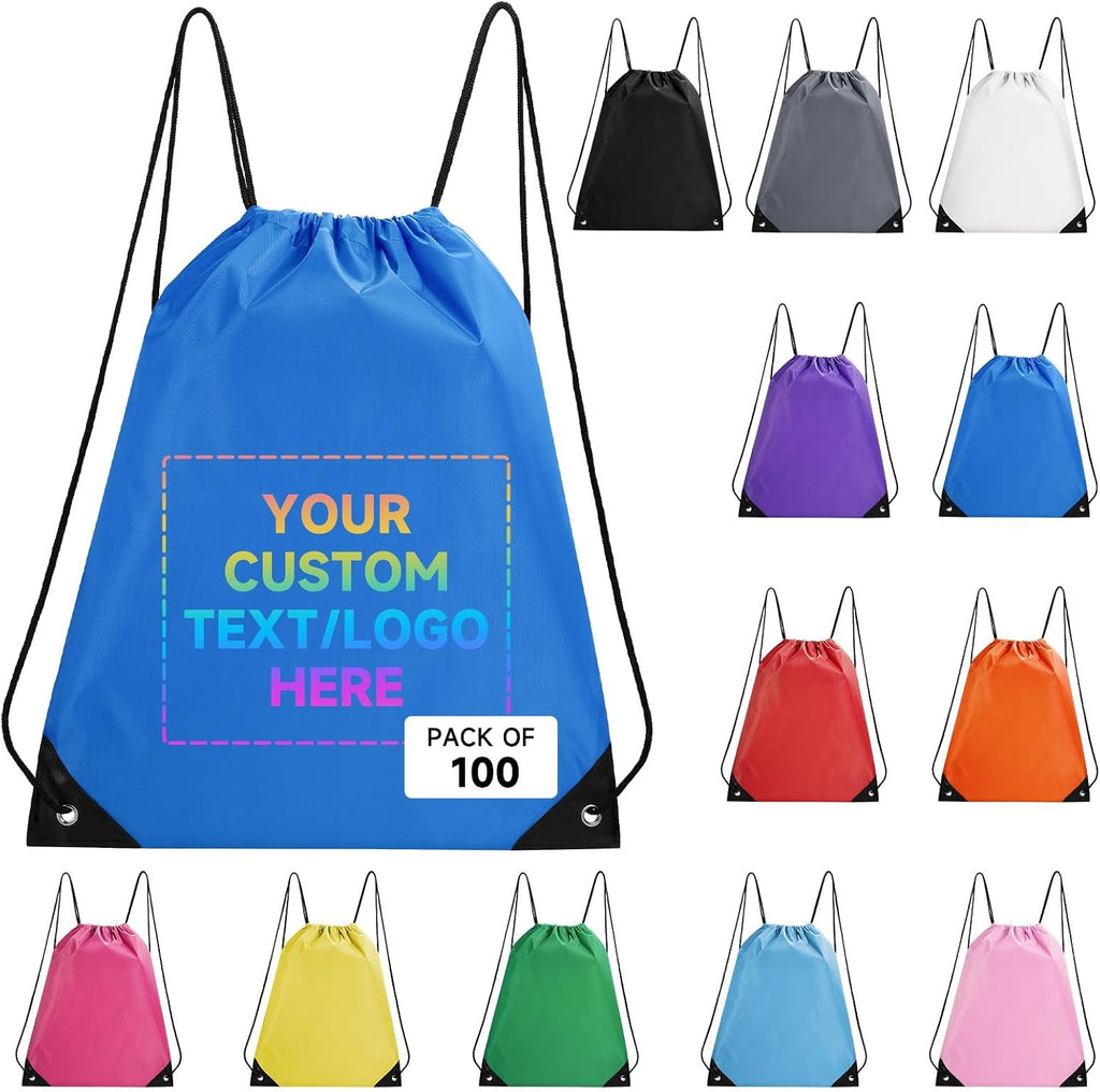 Custom Bags With Logo 100 Pack,Promotional Items Personalized Drawstring Backpack Bags Great for Gym and Everyday Use (Deep Blue)