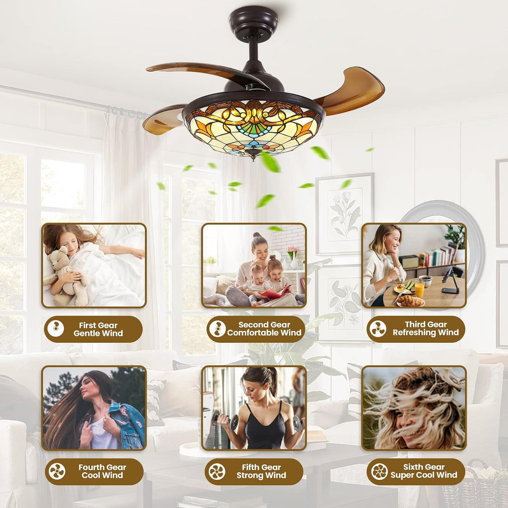 Siljoy 36' Tiffany Ceiling Fan with Lights, Stained Glass Ceiling Fan Vintage Ceiling Fan with Remote Control Dimmable Fandelier with 4 Retractable Reverse Blades for Bedroom, Living and Dining Room