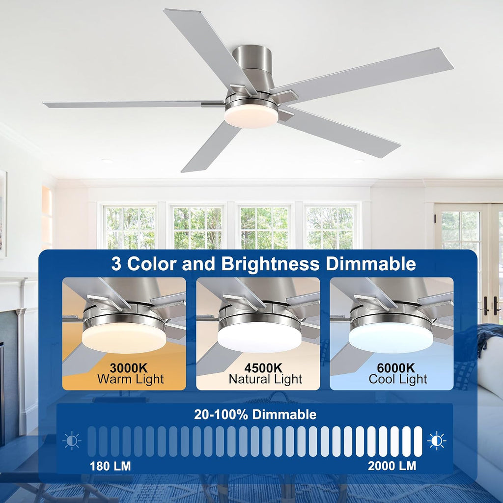 60 Inch Flush Mount Brushed Nickel Ceiling Fans with Lights and Remote | 6 Speed Reversible DC motor,3-color temperature dimmable LED.For indoor/covered outdoor.Modern style for bedroom room