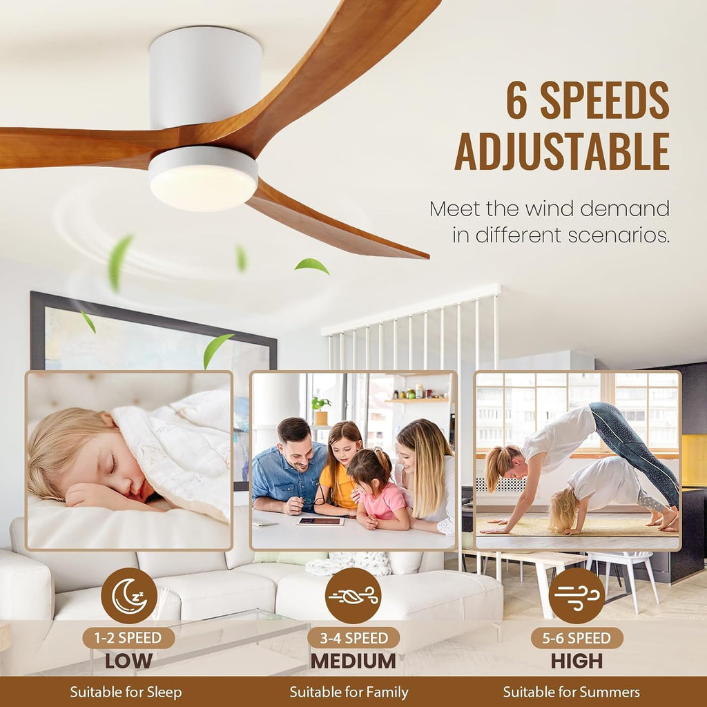 GESUM Ceiling Fan With Light, 52' Flush Mount Ceiling Fan with 3 Wood Blades, Reversible,Dimmable, for Living Room Kitchen Bedroom(White+Wood)