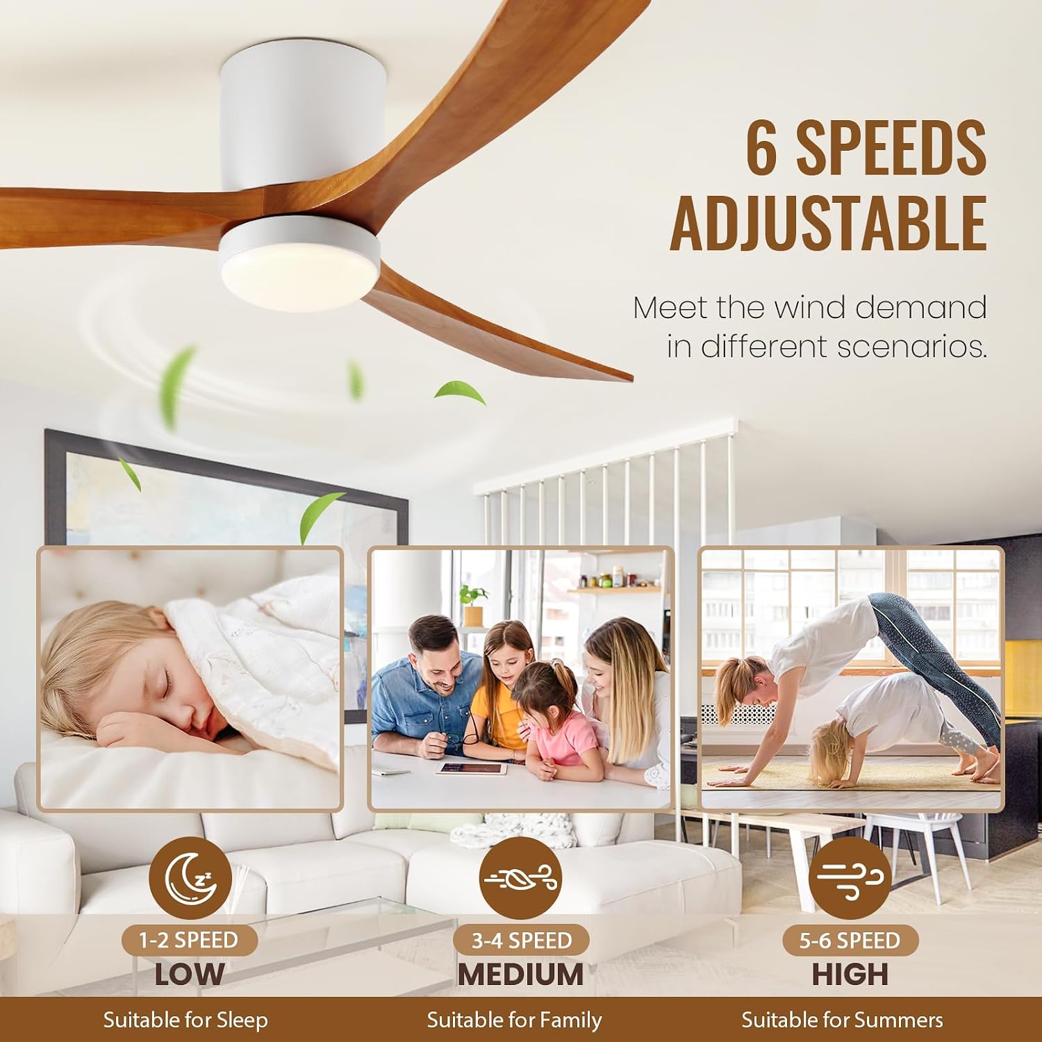 GESUM Ceiling Fan With Light, 52' Flush Mount Ceiling Fan with 3 Wood Blades, Reversible,Dimmable, for Living Room Kitchen Bedroom(White+Wood)