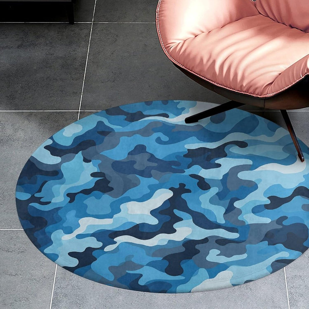 Blue Camouflage Pattern Coral Velvet Round Floor Mat Non-Slip Bath Rug Floor Covering for Bathroom Vanity Guest Suite & Vacation Home