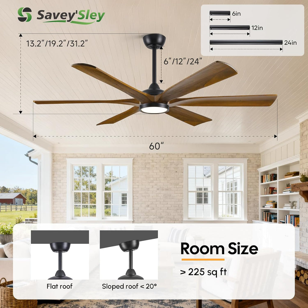 60 Inch Outdoor Ceiling Fan with Light, Smart Modern Farmhouse Ceiling Fan, Remote/Alexa/APP Control, 6 Brown Wood Blade, Damp Rated for Patio Indoor Exterior Use, High CFM Quiet Reversible DC Motor