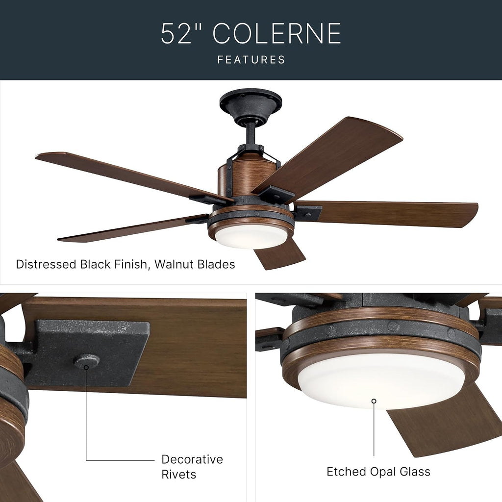 Kichler Colerne 52'Ceiling Fan with LED Light in Black, 5-Blade Vintage Industrial IndoorFan, 3000k, (52'W x 17' H), 300052DBK