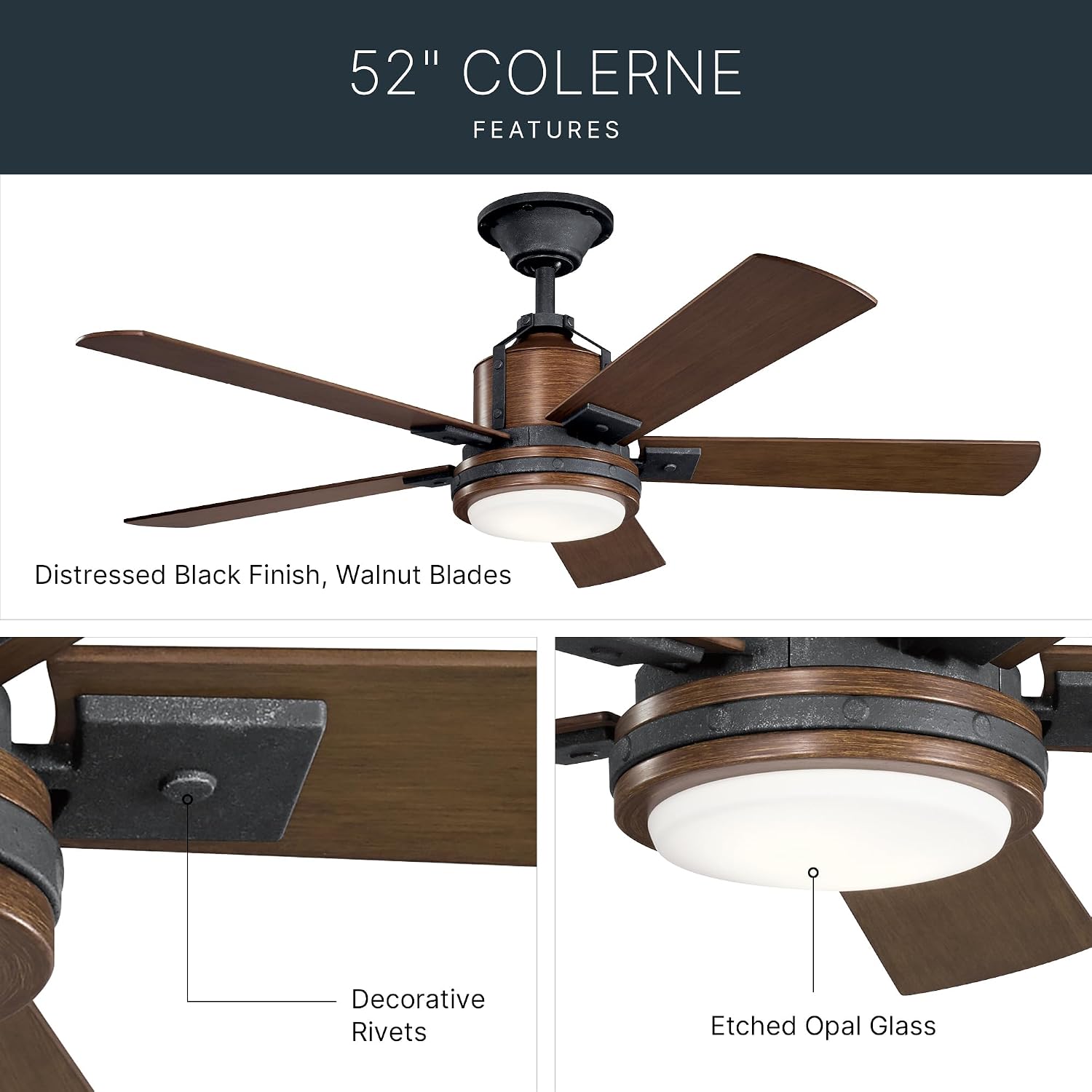 Kichler Colerne 52'Ceiling Fan with LED Light in Black, 5-Blade Vintage Industrial IndoorFan, 3000k, (52'W x 17' H), 300052DBK