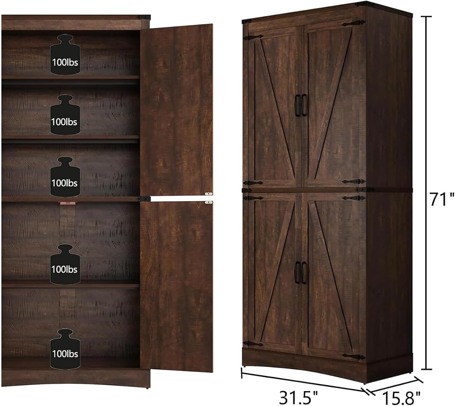 chartustriable 71in Farmhouse Kitchen Pantry Cabinet,Tall Storage Cabinet with 4 Doors and Adjustable shelves,with Load-Bearing Steel Pipe,Wood Storage Cabinets for Kitchen,Dining Room,Bathroom(Brown)