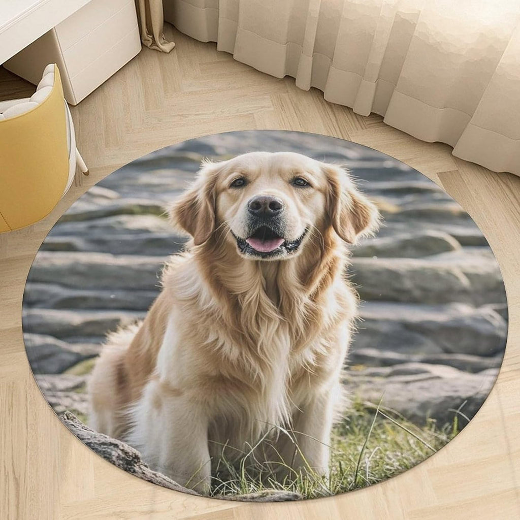 Golden Retriever Coral Velvet Round Floor Mat Non-Slip Bath Rug Floor Covering for Bathroom Vanity Guest Suite & Vacation Home