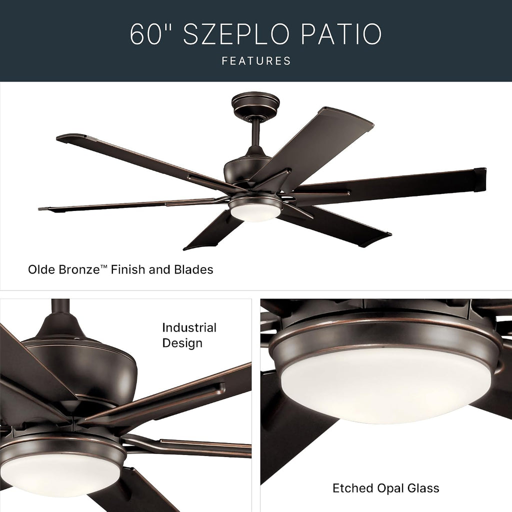 Kichler Szeplo II 60 in 6-Blade Outdoor Ceiling Fan with LED Light, DC Motor Wet Rated Patio Fan with Etched Cased Opal Glass in Old Bronze for Pergola Porch, 300300OZ