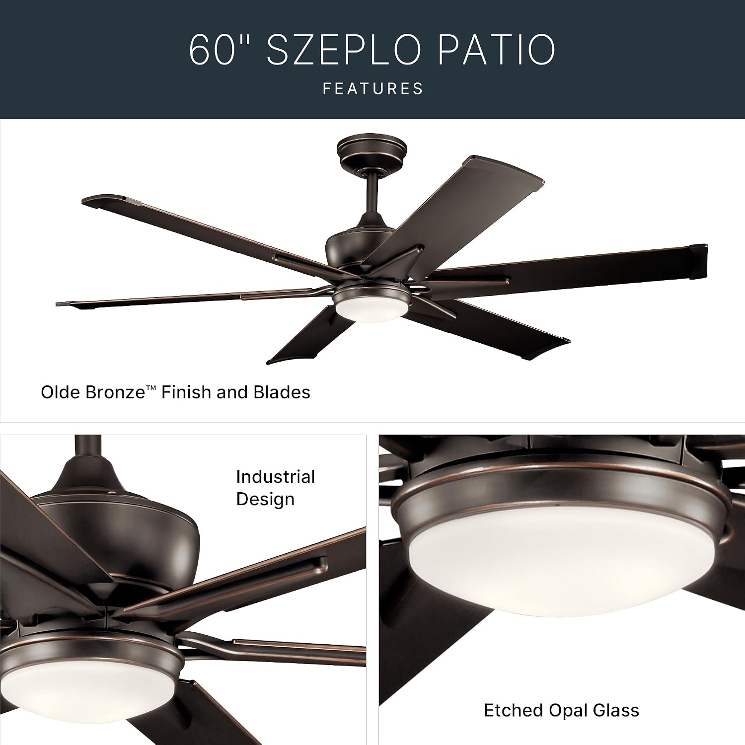 Kichler Szeplo II 60 in 6-Blade Outdoor Ceiling Fan with LED Light, DC Motor Wet Rated Patio Fan with Etched Cased Opal Glass in Old Bronze for Pergola Porch, 300300OZ