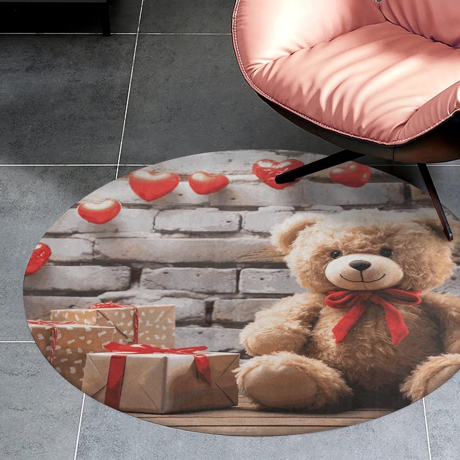 Cute Bear Valentine Gift Coral Velvet Round Floor Mat Non-Slip Bath Rug Floor Covering for Bathroom Vanity Guest Suite & Vacation Home