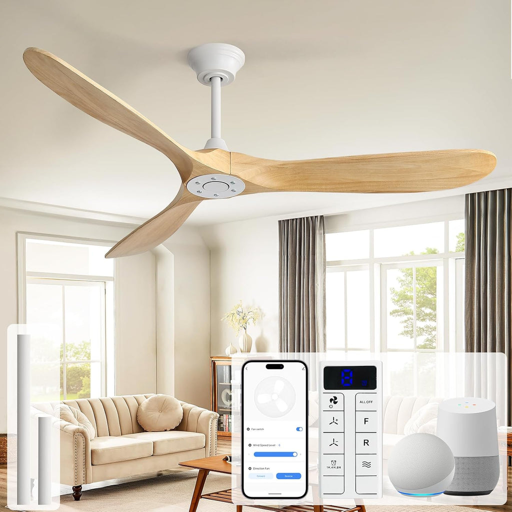 Sofucor 60 Inch Smart Ceiling Fans No Lights-Outdoor Modern Smart Ceiling Fan with Alexa/Google/APP/Remote Control, Reversible Quiet DC Motor, Wood Blades Ceiling Fan for Living Room/Bedroom/Patios
