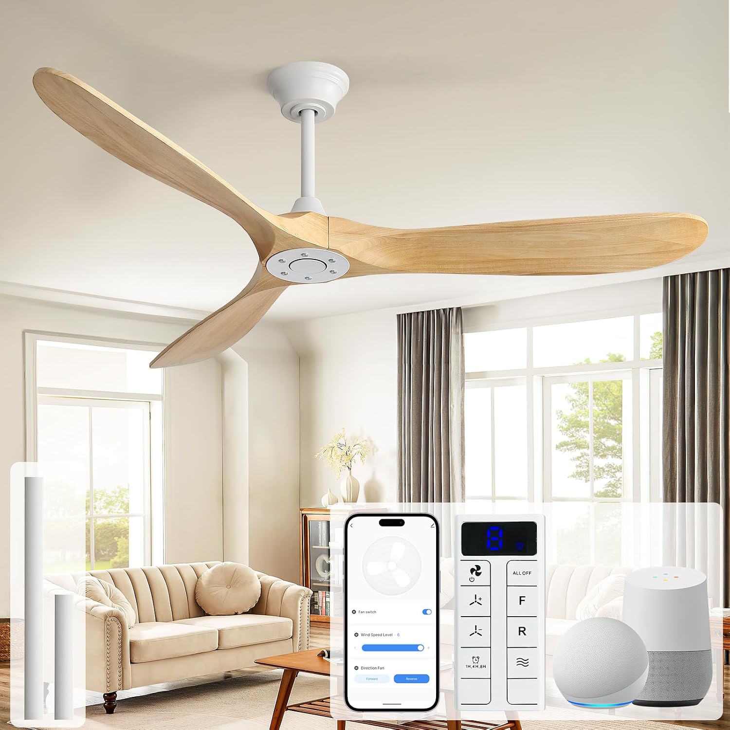 Sofucor 60 Inch Smart Ceiling Fans No Lights-Outdoor Modern Smart Ceiling Fan with Alexa/Google/APP/Remote Control, Reversible Quiet DC Motor, Wood Blades Ceiling Fan for Living Room/Bedroom/Patios