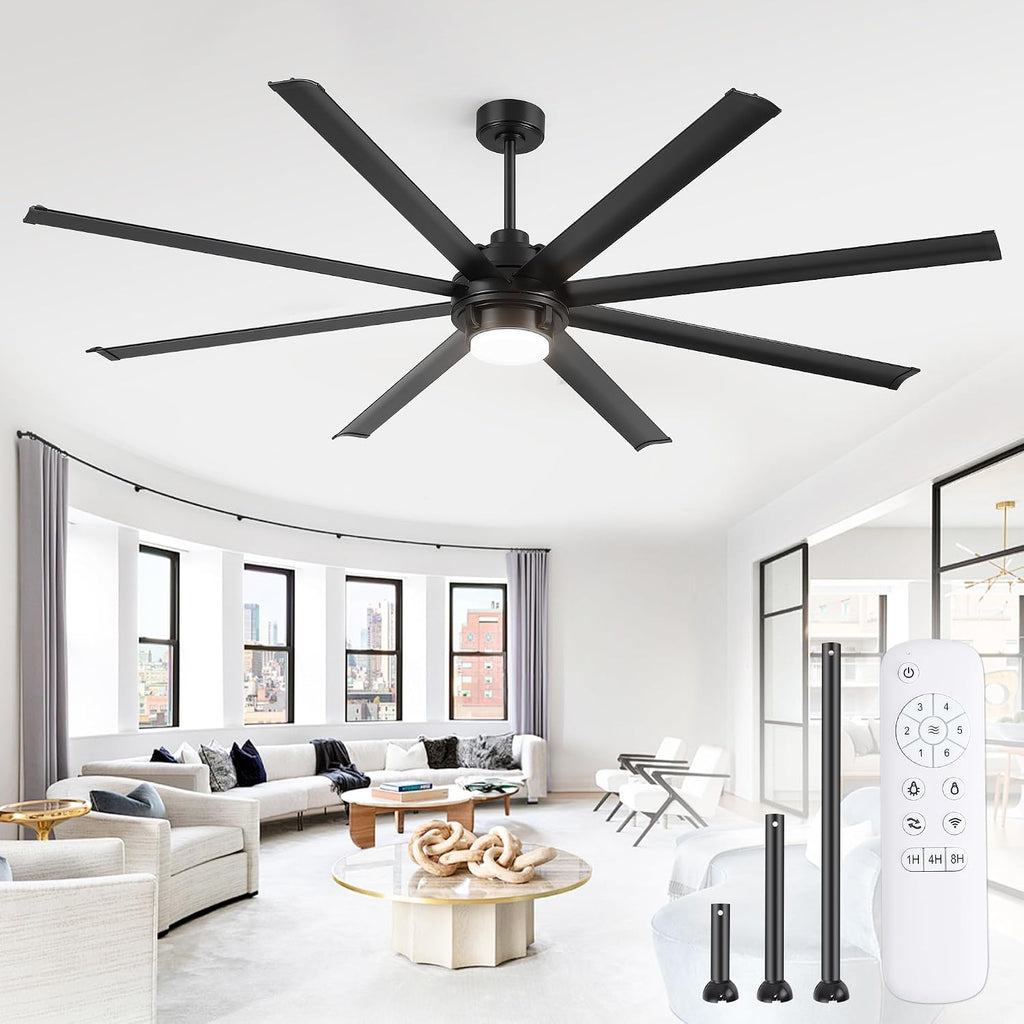 Fanbulous 84 inch Large Ceiling Fan Outdoor Industrial Ceiling Fan with Light and Remote, 6-Speed, 3CCT, 8 Aluminum Blades, Modern Black Big Assed Ceiling Fans for Patios Garage Shop Porch Indoor