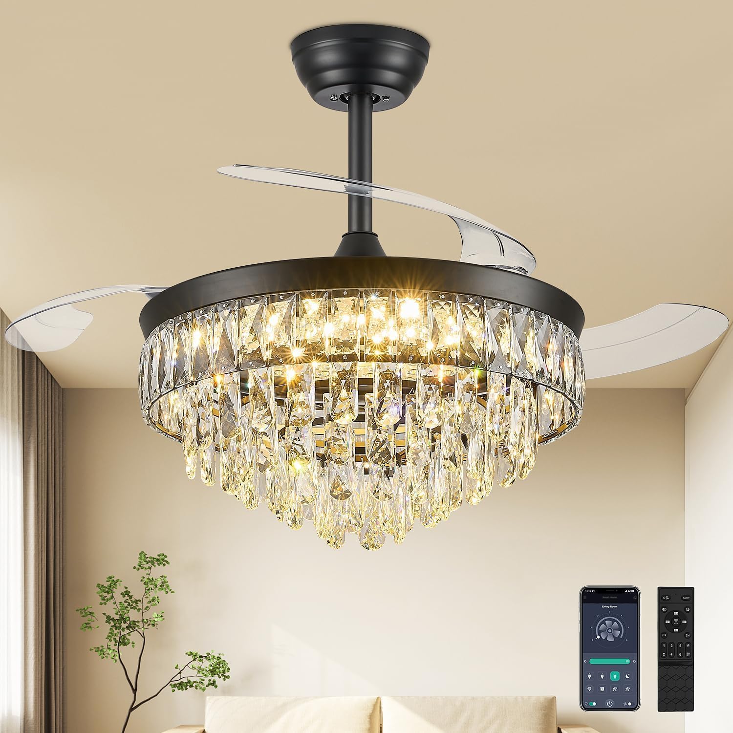 48 Inch Chandelier Ceiling Fan with Lights, Retractable Fan with Remote and APP, Crystal Fandelier Ceiling Fan, Dimmable LED, Reversible Motor, Quiet for Bedroom Living Room-Black