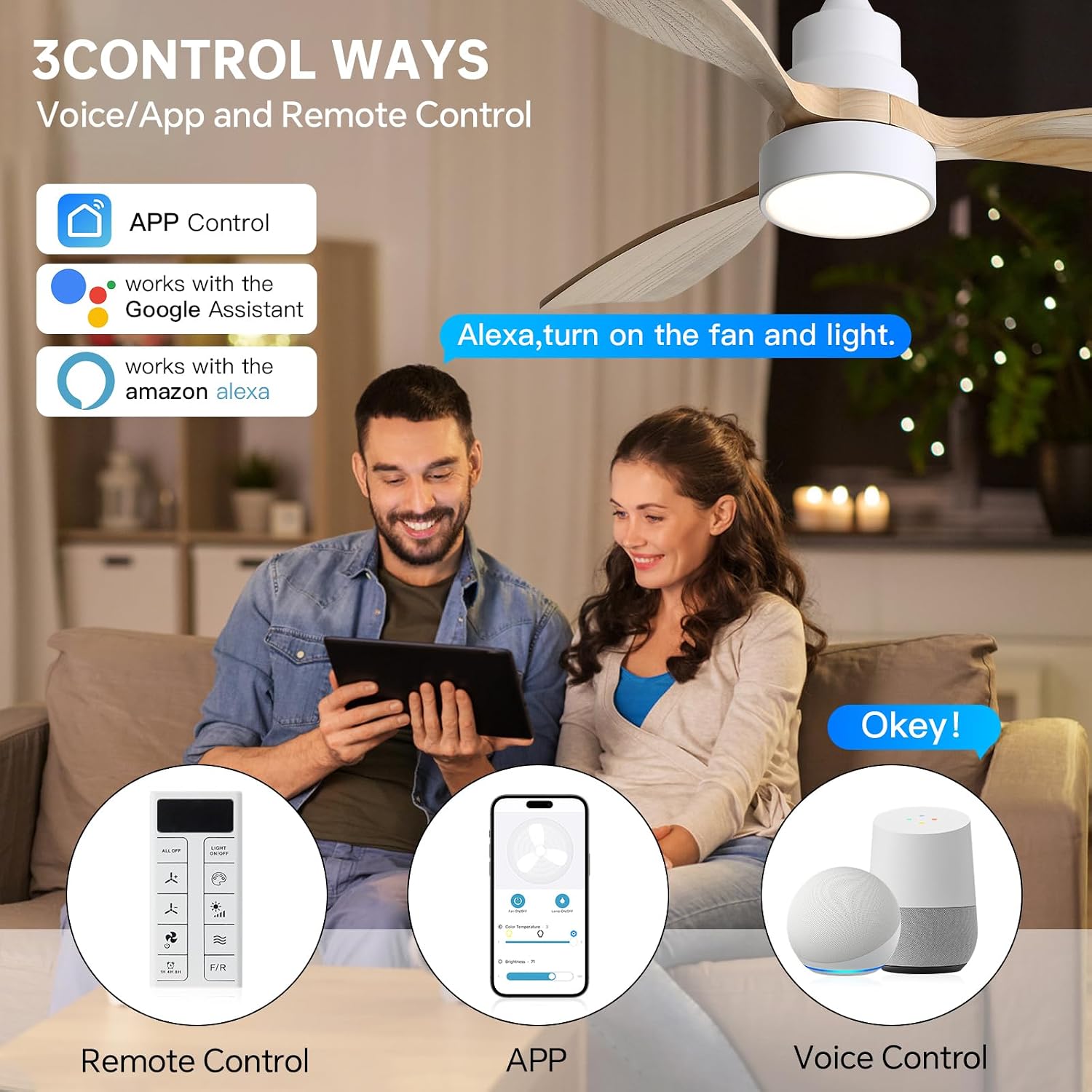 CACI Mall 48 inch Ceiling Fans with Lights, Smart Indoor/Outdoor Ceiling Fan, Remote Control, Compatible with Alexa/Google, Small 3 Blade Solid Wood Ceiling Fans for Bedroom Patio