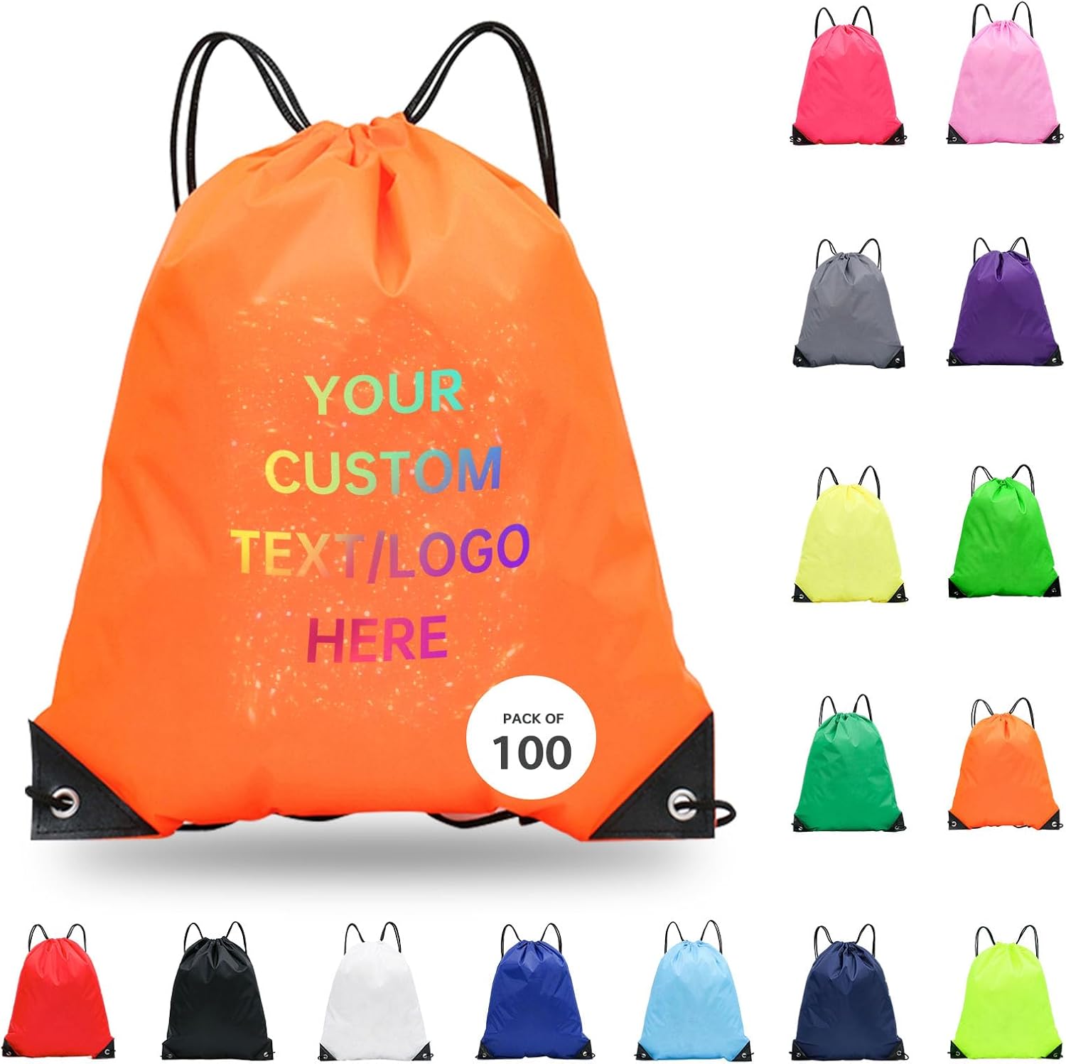 JEOHLORY pack of 100 Custom Bags With Your Logo,customized backpack,promotional items,Drawstring Backpacks,Great for Everyday Use (Custom Orange)