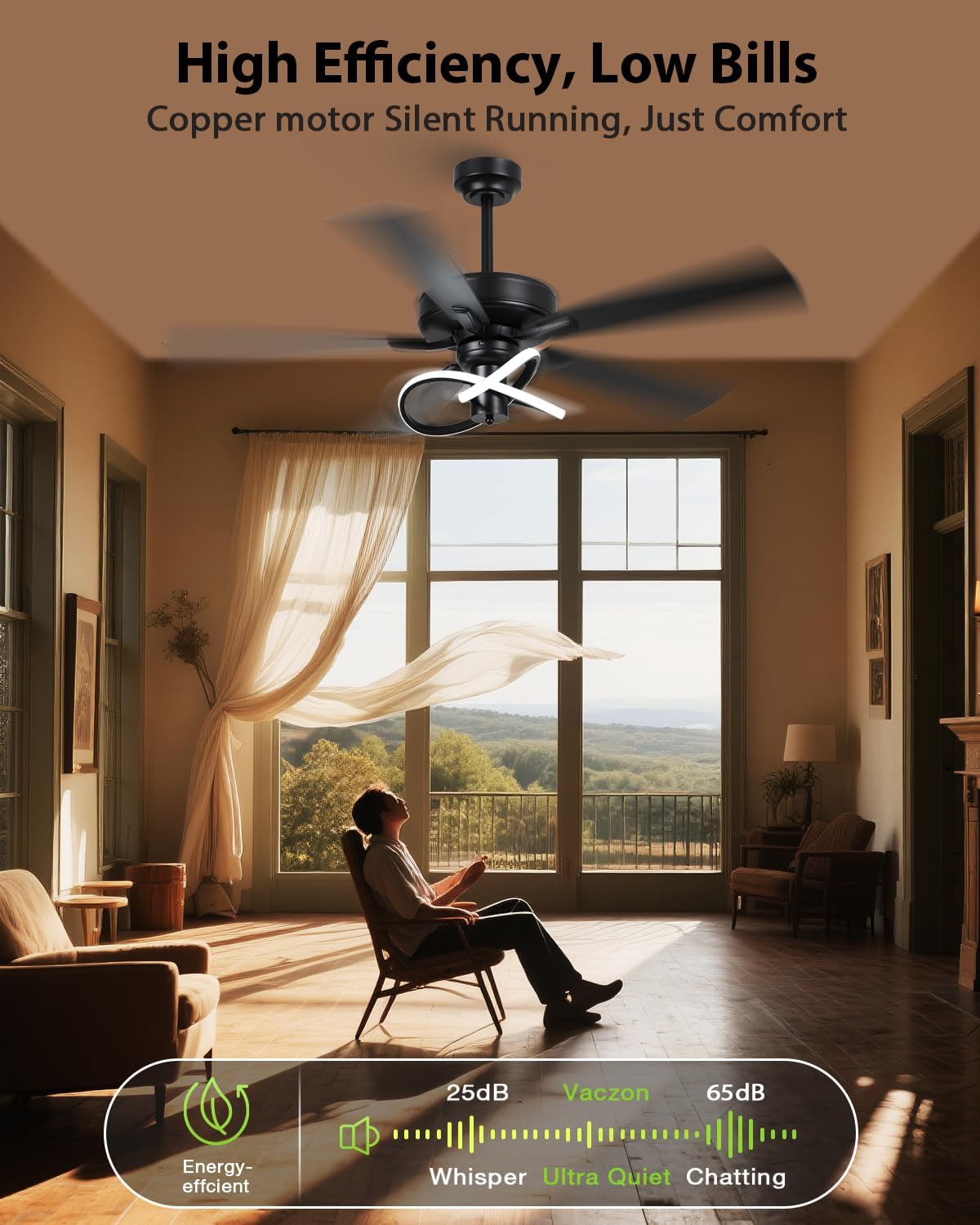 52 Inch Ceiling Fans with Lights and Remote - Creative Black Modern Ceiling Fan, 3CCT, 6 Speeds, Quiet, Dual-Sided Reversible 5 Blades Indoor Outdoor Chandelier Fan for Bedroom Living Room