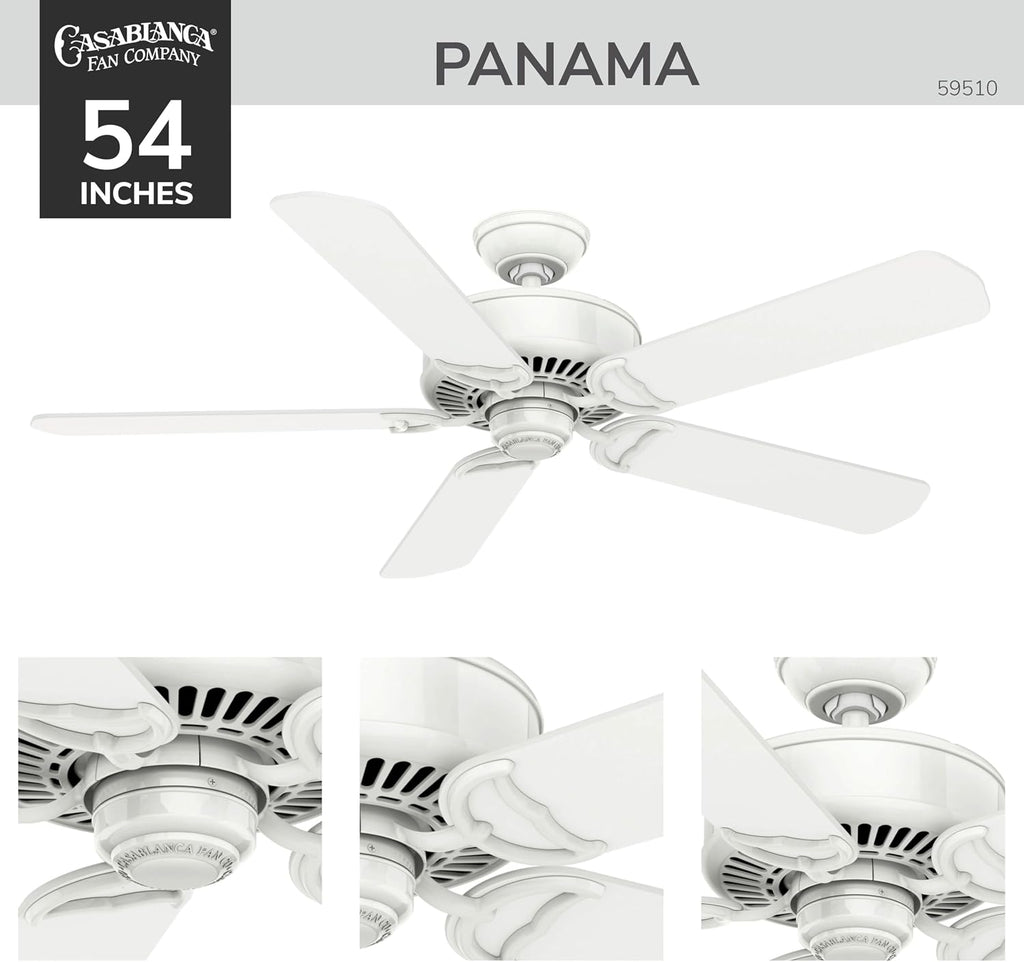Casablanca 54 inch Indoor Ceiling Fan No Light with Remote Control - Ceiling Fan without Light, Standard Mount, 5 Blades, For Bedroom, Living Room, or Kitchen - Panama 59510, Snow White