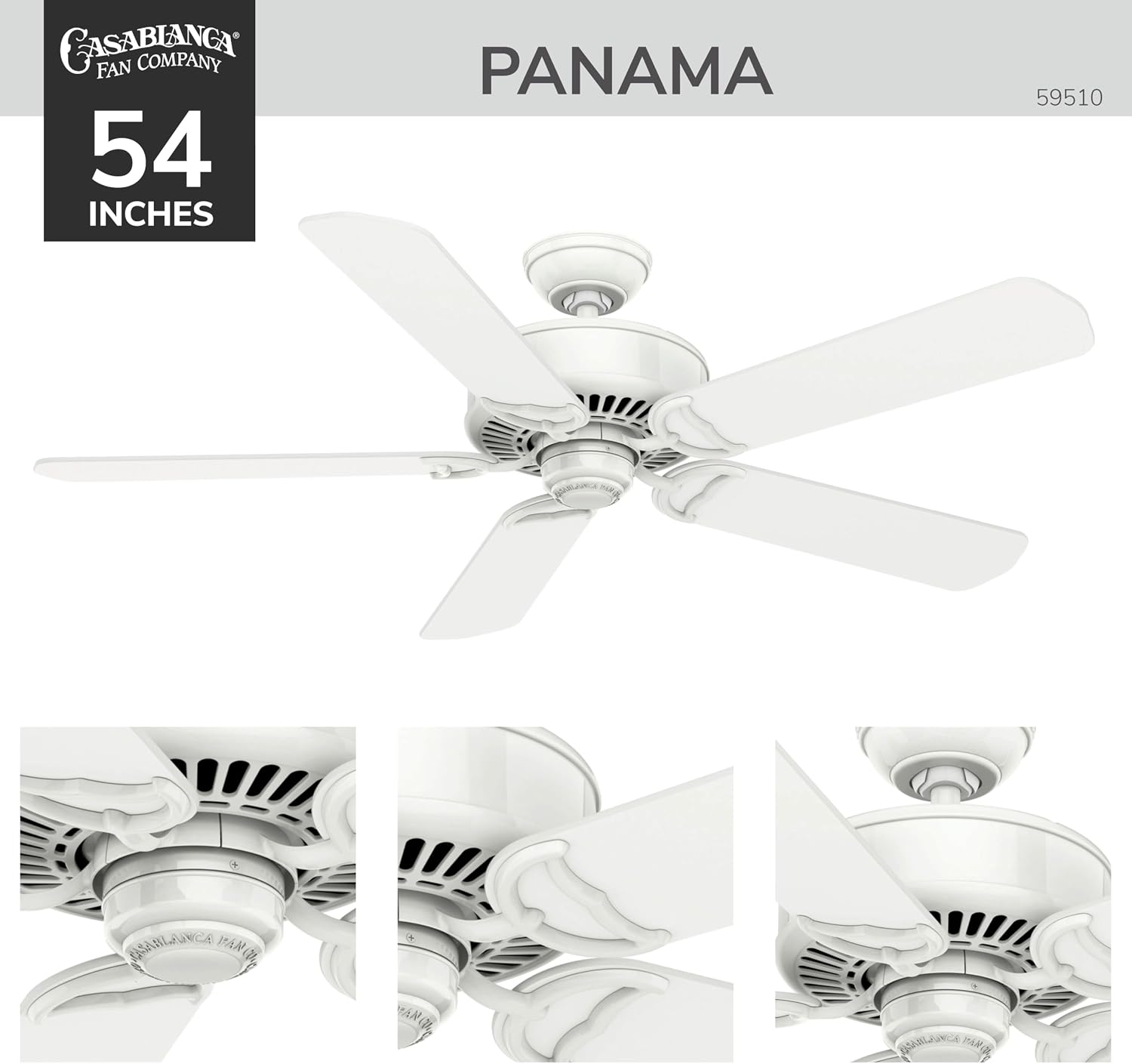 Casablanca 54 inch Indoor Ceiling Fan No Light with Remote Control - Ceiling Fan without Light, Standard Mount, 5 Blades, For Bedroom, Living Room, or Kitchen - Panama 59510, Snow White