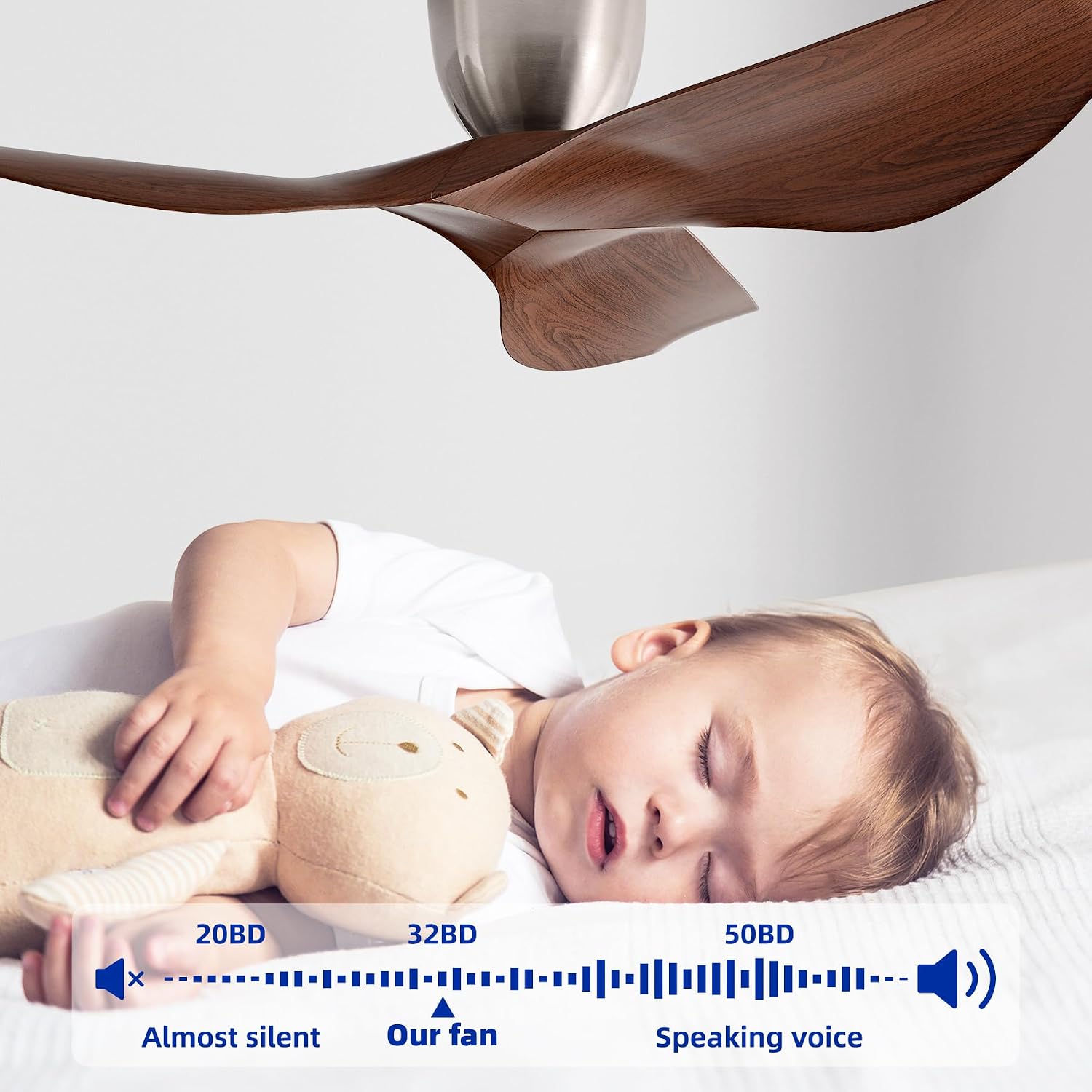 52' Walnut Color Flush Mount Ceiling Fan with Remote, No Light | Modern Low-Profile, Heat Resistant ABS Blades, 6-Speed Reversible Quiet DC Motor for Balcony, Living Room, Bedroom