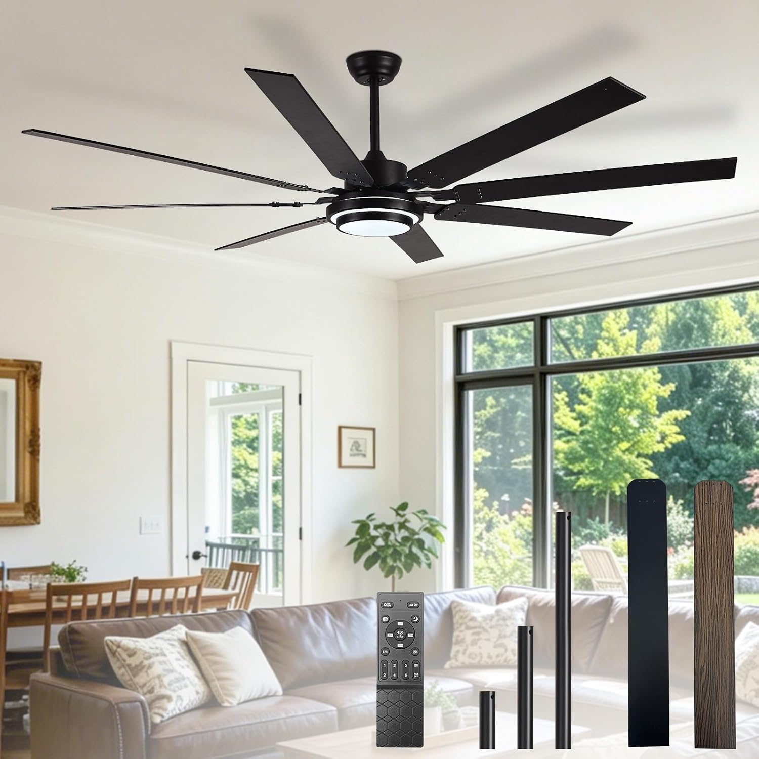 Depuley 72-Inch Ceiling Fan with Light: Walnut Ceiling Fans with 8 Blades Dual Finish Reversible - Large Ceiling Fan with Remote Control Noiseless for Farmhouse Living Room Outdoor Patios