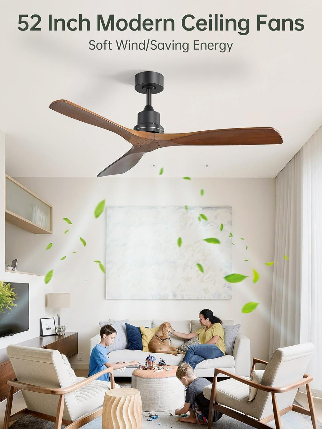 Sofucor 52 Inch Smart Ceiling Fans without Light-Modern Solid Wood Outdoor 3 Blades Ceiling Fan No Light, Alexa/Google Assistant/APP/Remote Control for Bedroom Living Room Farmhouse Patio,Walnut Black
