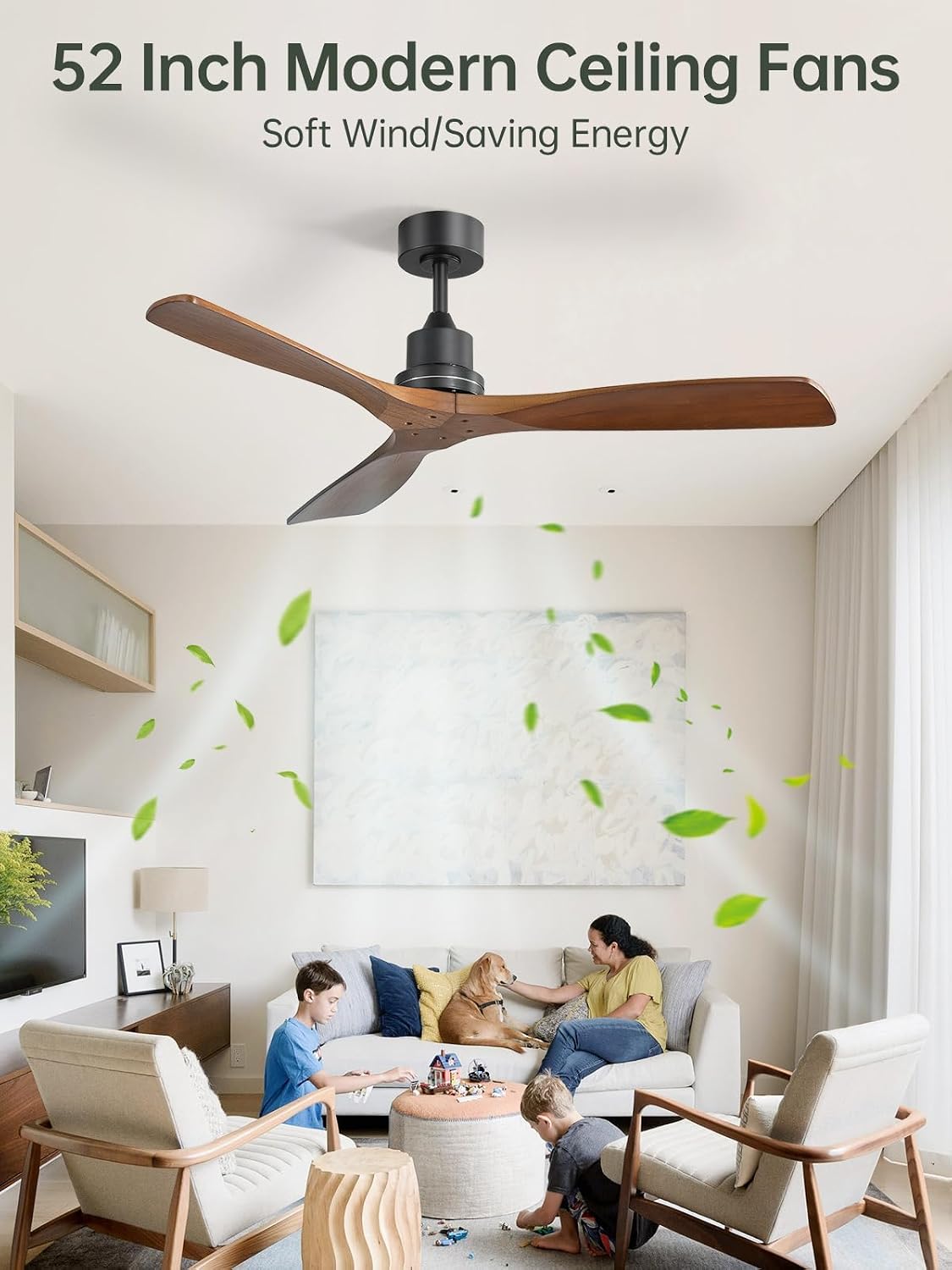 Sofucor 52 Inch Smart Ceiling Fans without Light-Modern Solid Wood Outdoor 3 Blades Ceiling Fan No Light, Alexa/Google Assistant/APP/Remote Control for Bedroom Living Room Farmhouse Patio,Walnut Black