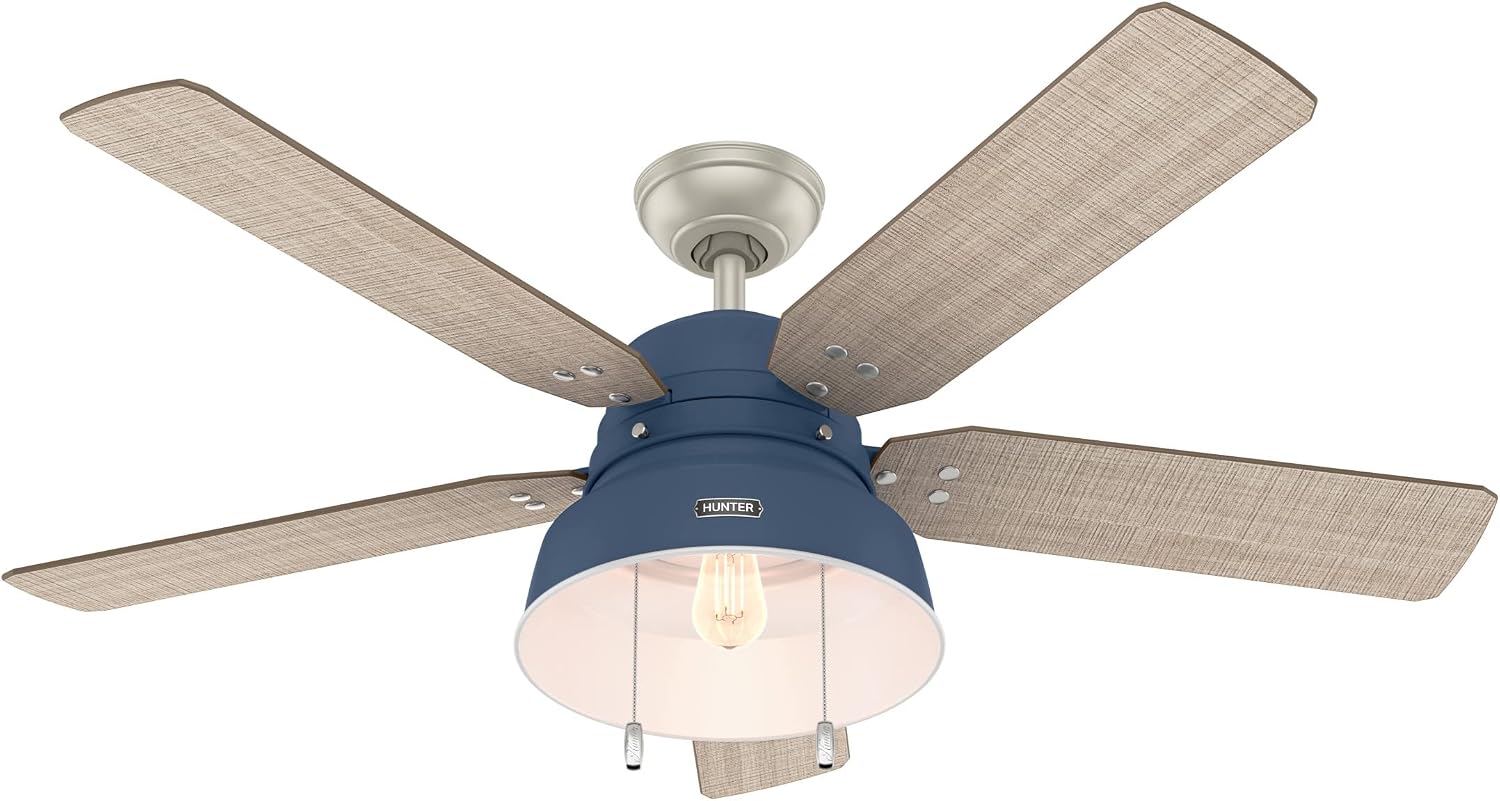 Hunter 52 inch Outdoor or Indoor Ceiling Fan with LED Light - Rustic Ceiling Fan with Pull Chain, For Bedroom, Living Room, or Patio, Standard Mount, No Remote - Mill Valley 50252, Indigo Blue